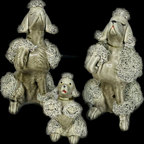 Vintage 1950’s Grey Spaghetti Poodle Figurine Family Mother Father and baby Exce - Picture 1 of 6